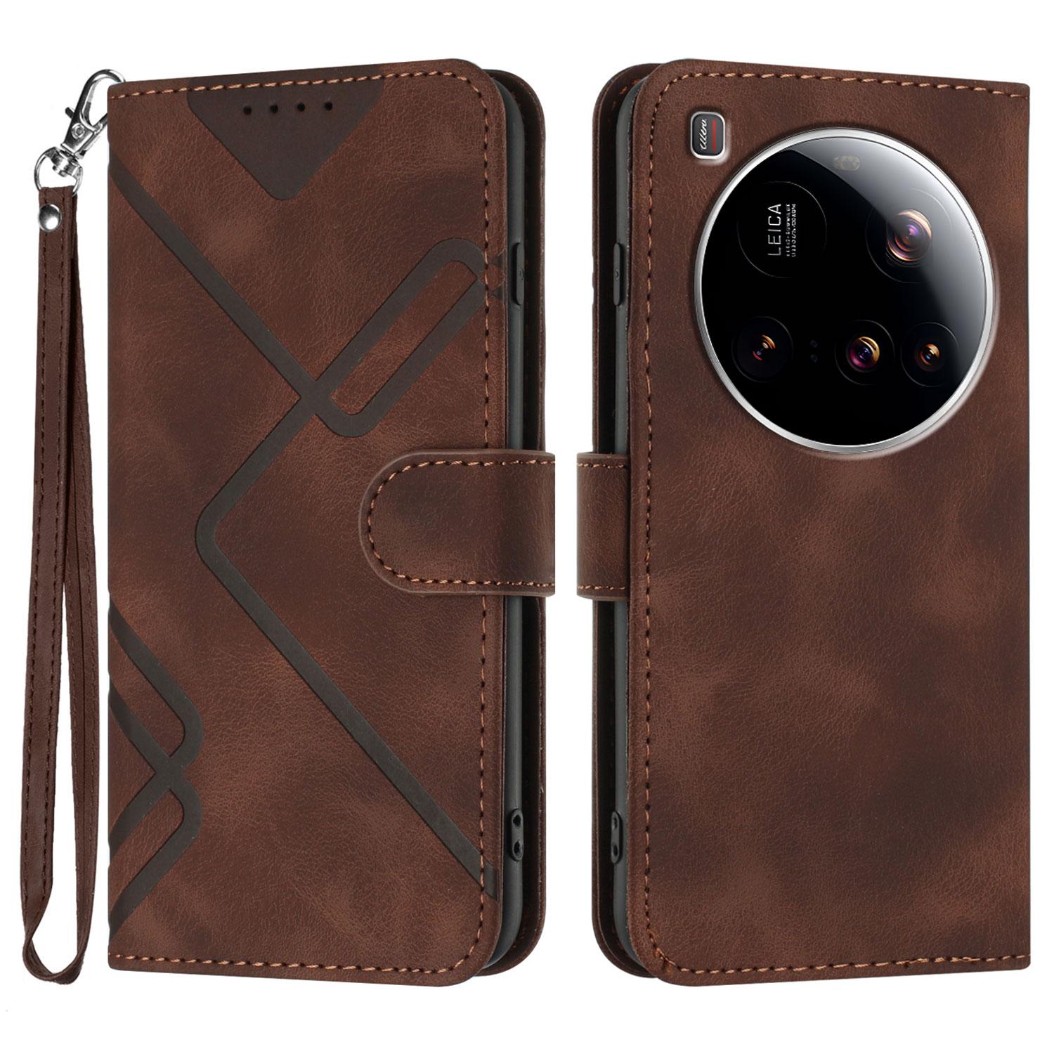 

For Xiaomi 15 Ultra Wallet Case Line Imprinted PU Leather Phone Cover with Strap F