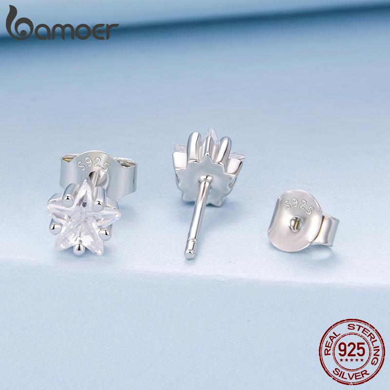 BAMOER 925 Sterling Silver Mini Star Stud Earrings Hypoallergenic Paved CZ Flower Earrings for Women Teens Shining Jewelry Gift
