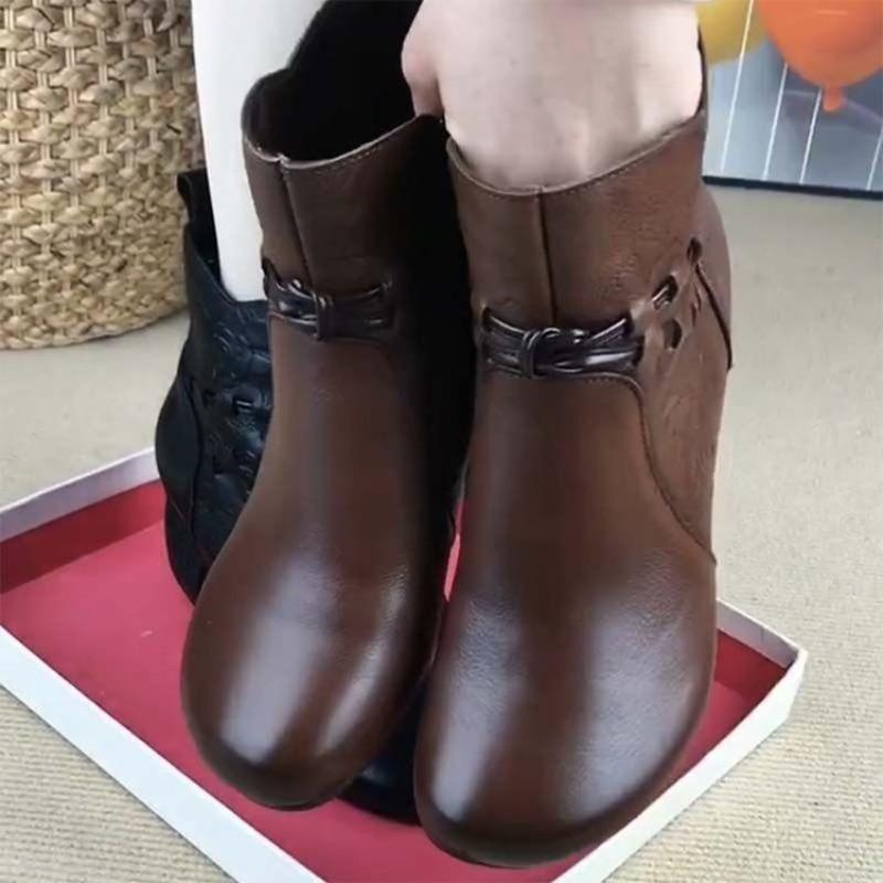 Fleece Mid-heel Women's Boots, Soft Leather, New Autumn and Winter Thick-heeled Shoes