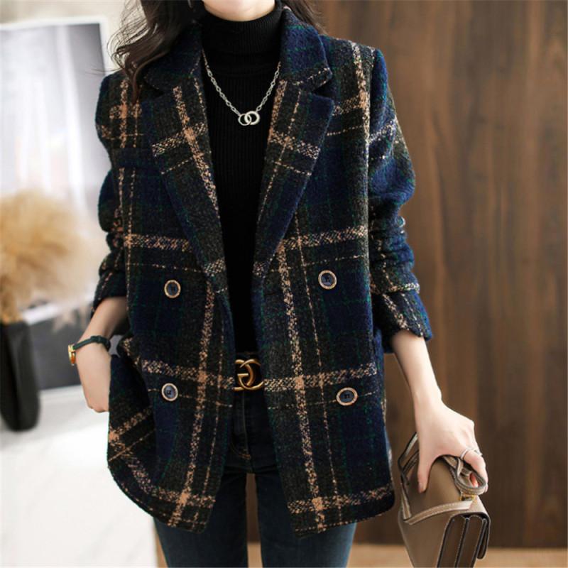Tooxika Autumn And Winter New Retro British Style Color Matching Plaid Suit Jacket Double-breasted Woolen Coat For Women