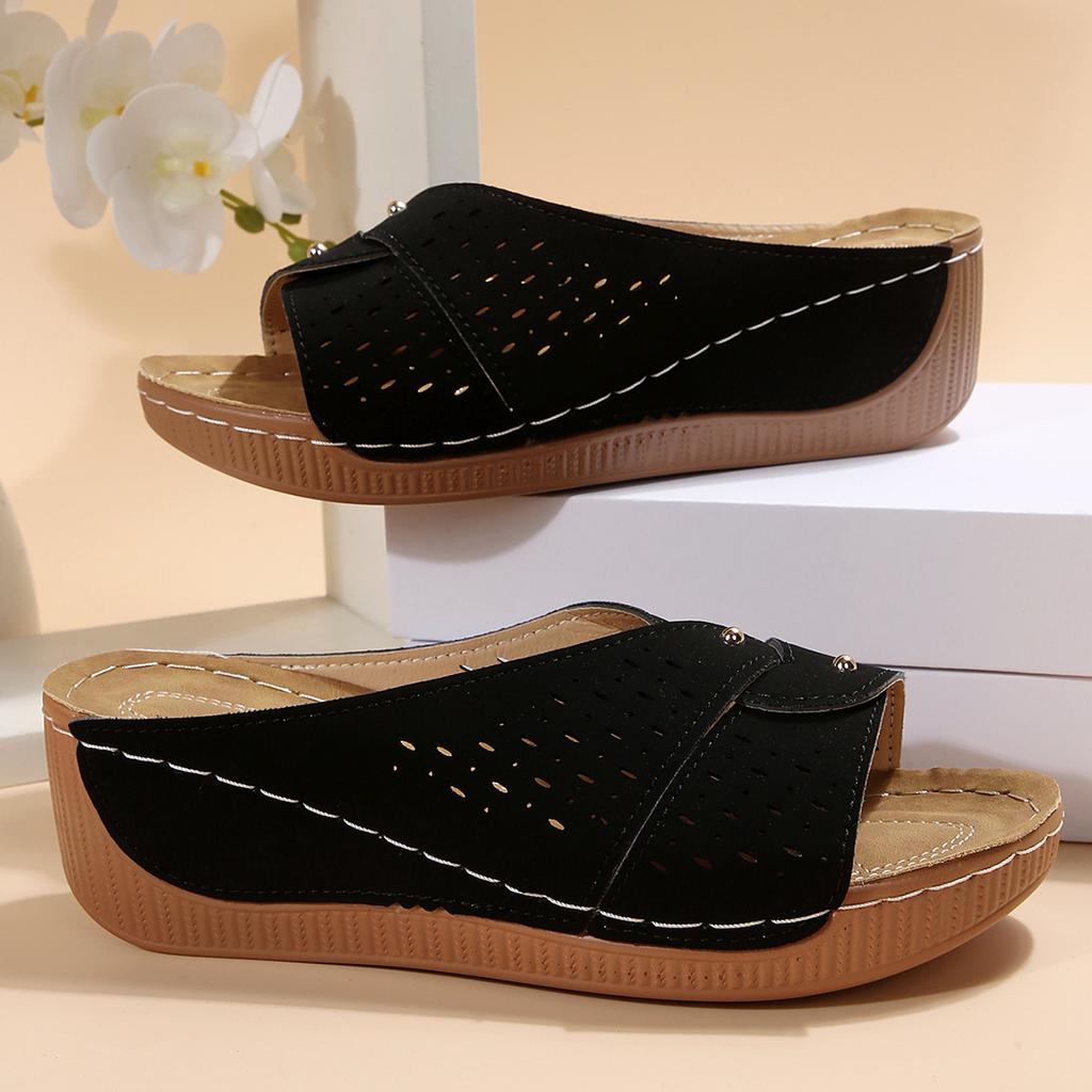 22 summer new slope heel platform slippers large size fish mouth word with casual beach shoes