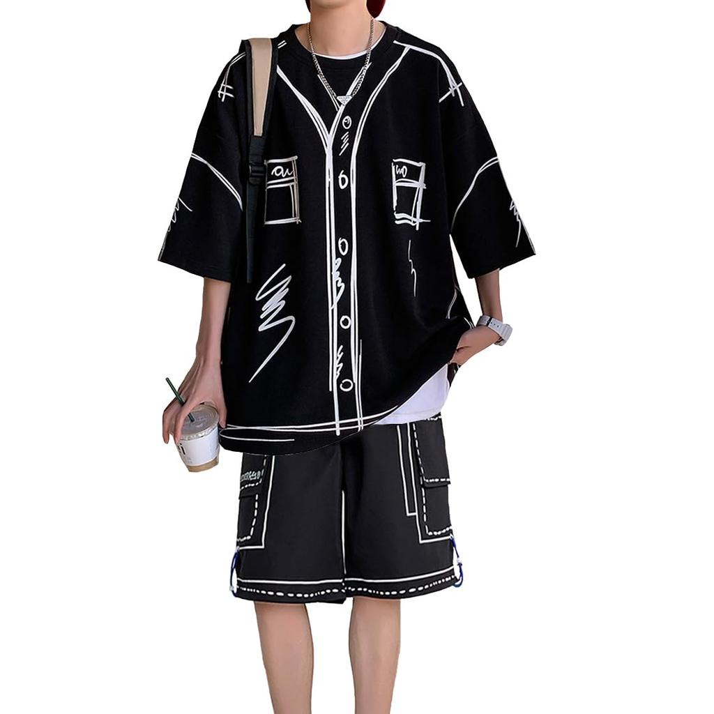 Yeecan Summer Tracksuit Short Sleeve and Solid Plus Sizes Men's Set, T-Shirt Pants, 3/4 Length, Color, Casual, Stylish, (hei-XL)