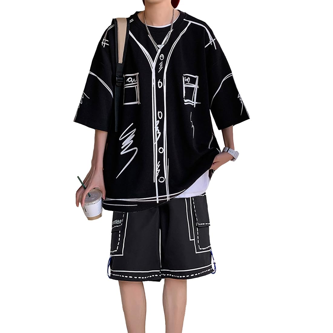 

Yeecan Летний спортивный костюм с коротким рукавом и однотонный, больших размеров, мужской комплект, футболка, брюки, длиной 3/4, цветной, повседневный, стильный, (привет-XL)