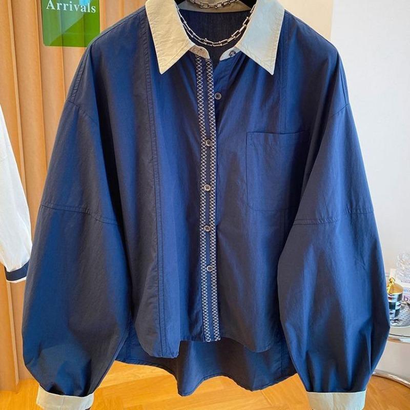 Damen Neue Herbstmode Farbblockierung Lässiges Lockeres Design Vorne Kurz Hinten Lang Baumwoll-Tops Langarmhemden
