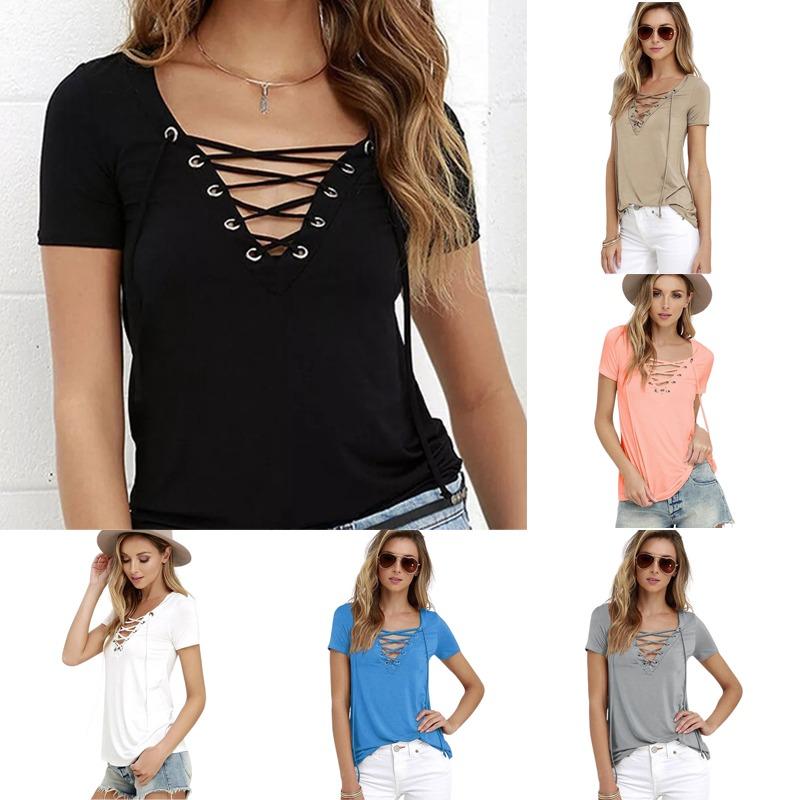 Women Short Sleeve T-Shirt Sexy V-Neck Tops Ladies Summer Casual Pullover Blouse