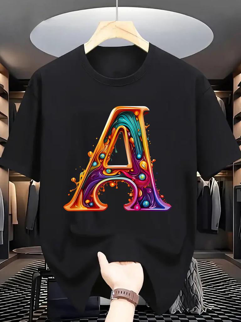Liquid Art Letter A Print Unisex Short Sleeve Tshirt Colorful Alphabet Pattern O Neck Tee Modern Art Male Street Fashion Tops