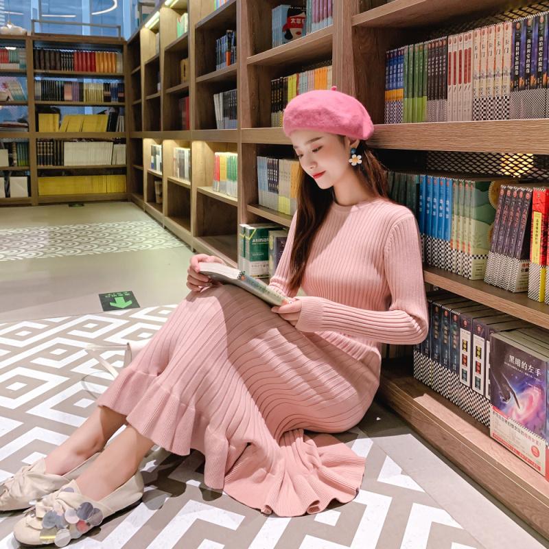 Long Sleeve Sweater Dress Women Maxi Dress Knit Fishtail Long Winter Knitted Dresses Clothes Ruffelss Women Clothing