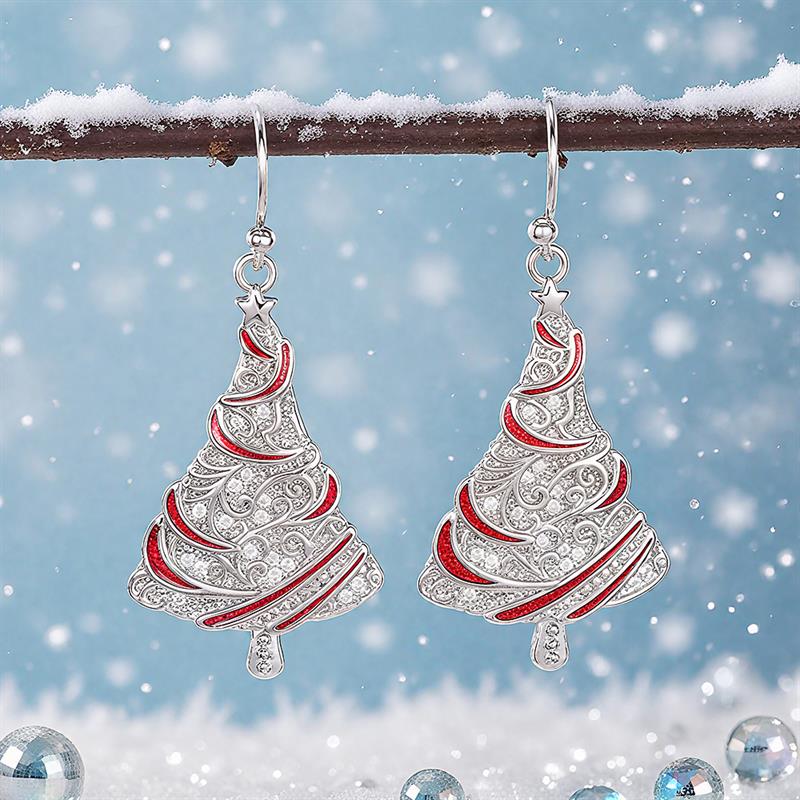 Huitan Elegant Women New Year Drop Earrings Christmas Tree Shaped Enamel Accessories Trendy Inlaid CZ Party Lady Jewelry GiftGood product