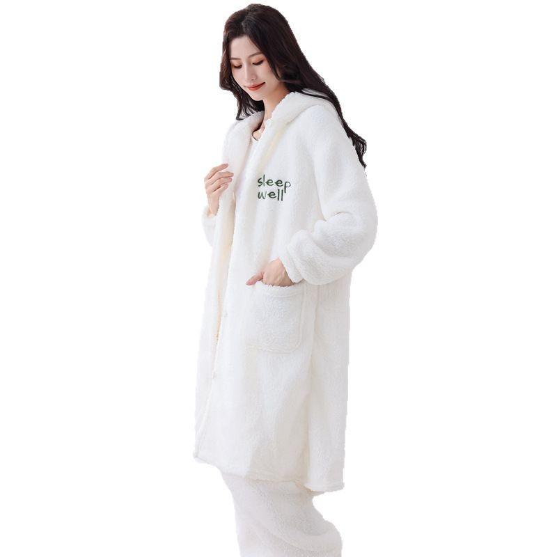 Womens Coral Fleece Pajama Set Winter Warm Thick Long Sleeve Hooded Cartoon Sleepwear Home Loungewear