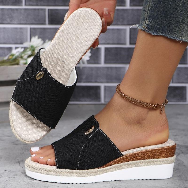Women Canvas Wedge Slippers 2025 Summer New Fashion Elegant Peep Toe Platform Shoes Large Size Ladies Sandals Zapatos De Mujer