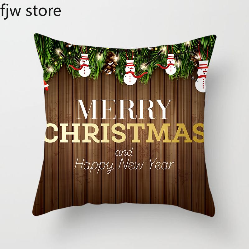 Merry Christmas and Happy New Year Decorative Pillowcase Wood Printing Throw Pillow Cover Sofa Chair Cushion  Home Decor