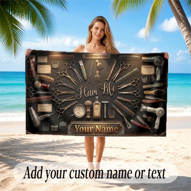 Barber Salon Theme Quick Dry Beach Towel Custom Name Text Print Large Sand Resistant Towel Beach Vacation