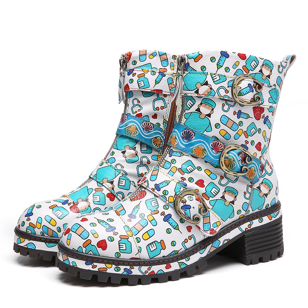 SOCOFY Nurse Print Ankle Boots Hand-made Genuine Leather Woman