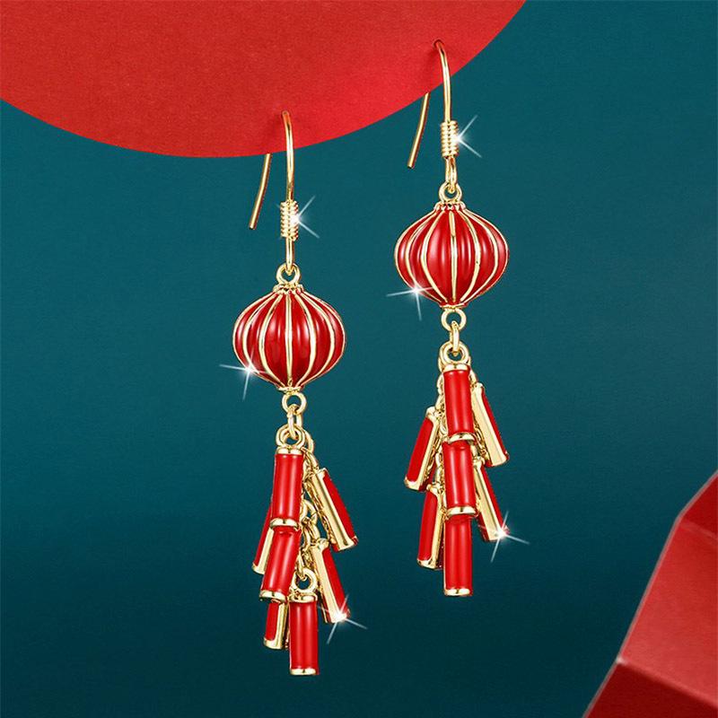 Red Firecracker Tassel Earrings for Women – Unique New Year Glaze Design, Fashionable and Versatile.