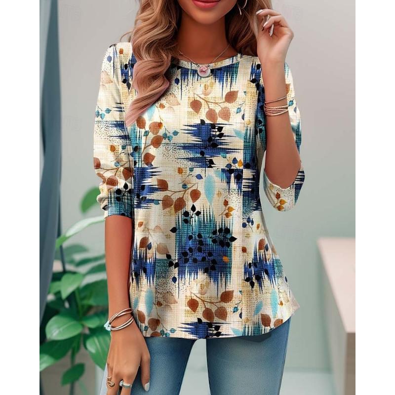 Women's T Shirt Casual Print Long Sleeve Regular Tops Crew Neck Daily White Blue Purple Khaki Spring Fall