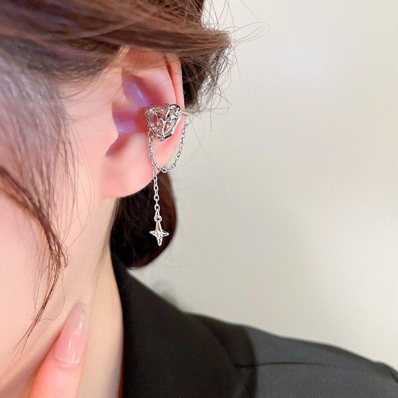 Korean-Style Zircon Heart & Star Tassel Ear Cuff - Elegant, Versatile Design for Women