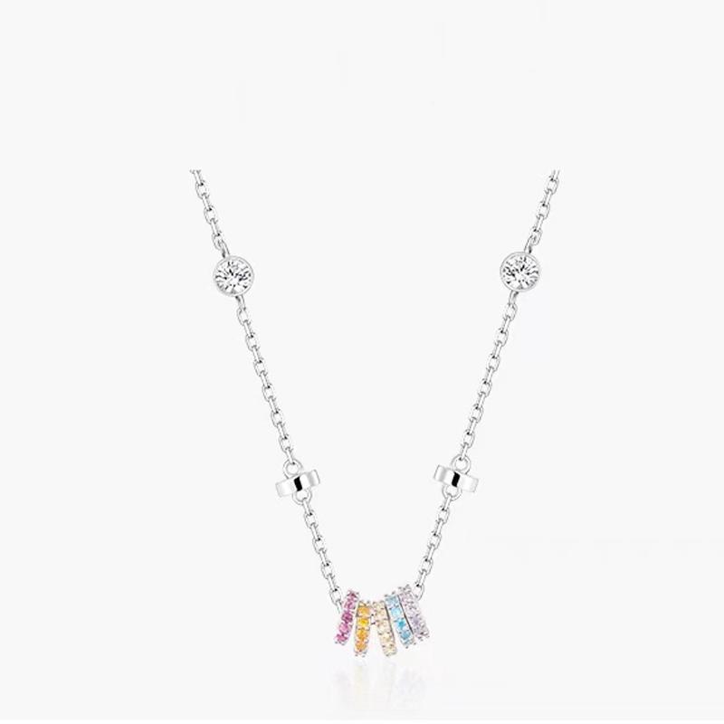 New 925 Sterling Silver Girls Handmade Round Colored Circled Choker Zircon Stone Necklace Simple Shaped Pendant Women's Wedding