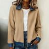 Women Multi-color Striped Chenille Zip Up Jacket Contrast Denim Collar Long Sleeve Casual Loose Sweater Cardigan