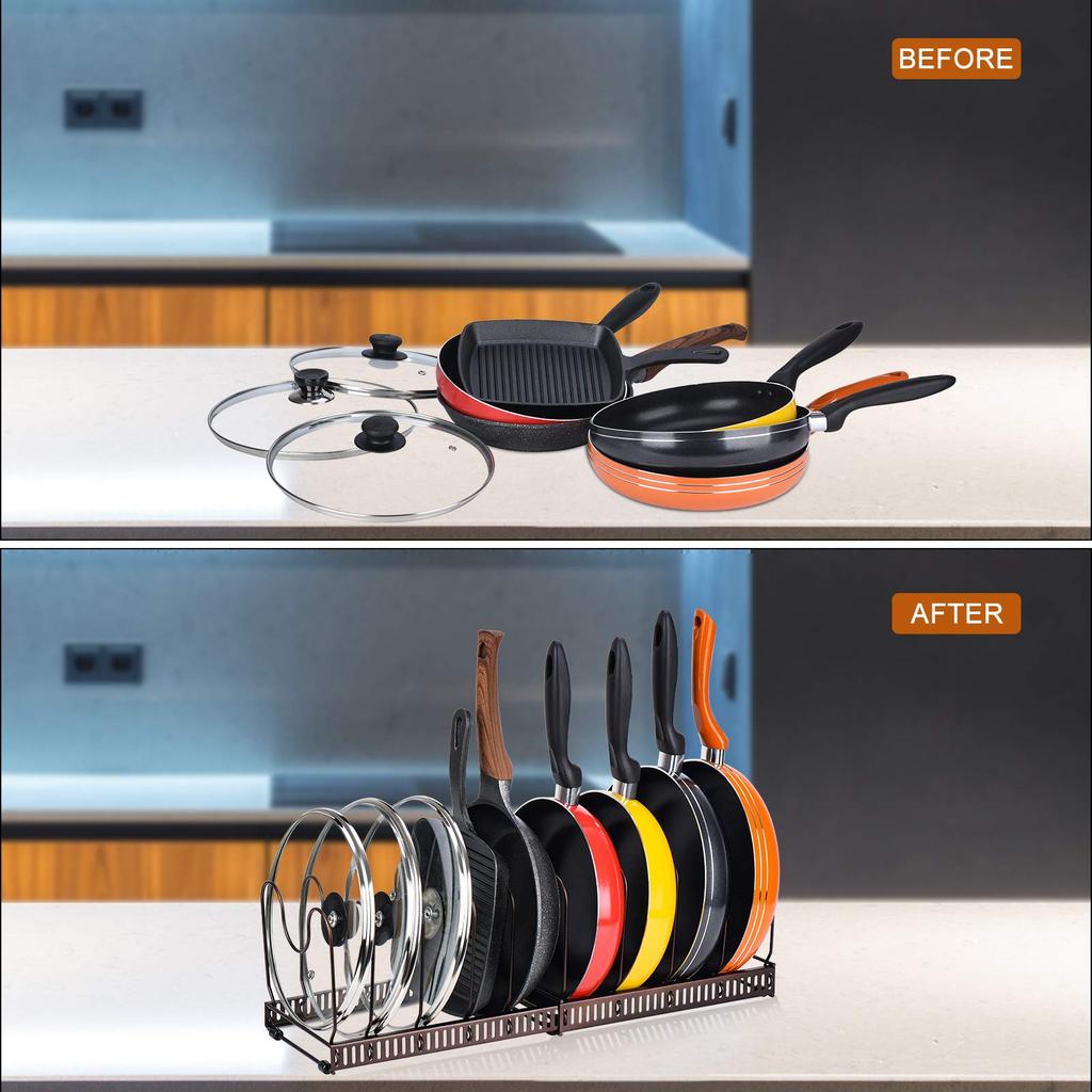 Toplife Telescoping Frying Pan Rack Kitchen Storage Rack with 10 Pot Frying Lid Holder Dividers, Stand, Pan, Pot, (Brown)