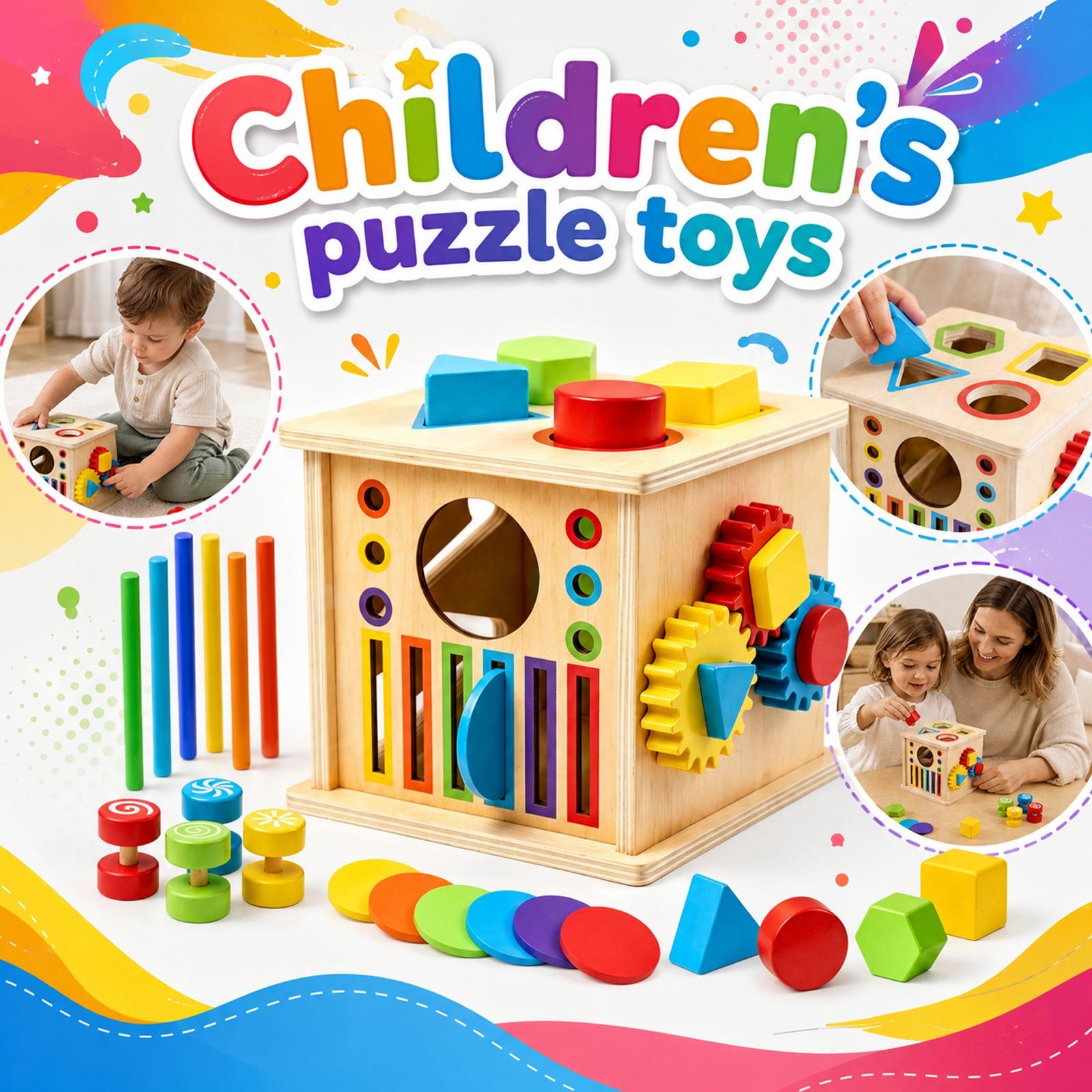 Wooden 8 in 1 Multifunctional Activity Cube Educational Shape Sorting Block Toy with Gears Clock and Counting Rods for Kids one size