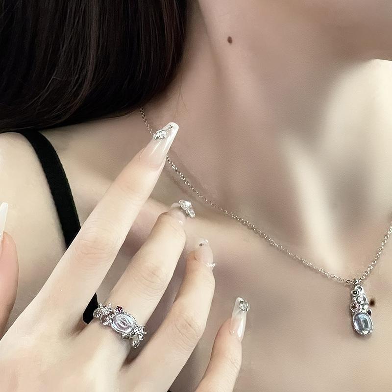 Hyunya, The Same Moonstone Set, Zir*****Pen Ring, Women'S Sweet Cool Wind Necklace, French Irregular Stud Earrings.