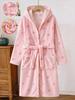 Girls White Heart Print Long Sleeve Hooded Robe Loungewear Set, Striped, Autumn/Winter, Soft Comfortable Cute, Pajamas Loungewear Indoor Set