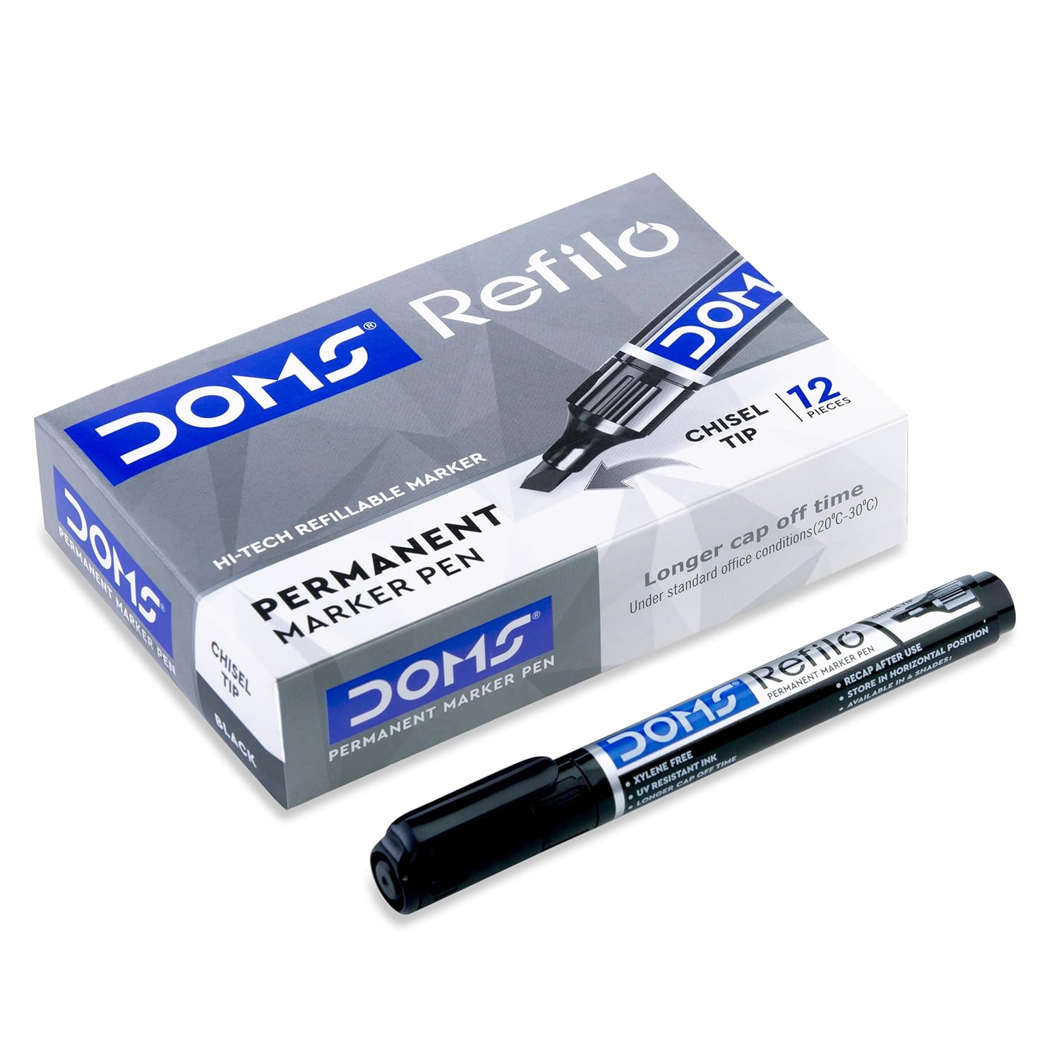 

DOMS Refilo Permanent Marker Pen Pack of 10 Black Ink Hi-Tech Refillable Japanese Bullet Tip Non-Toxic Office School Use