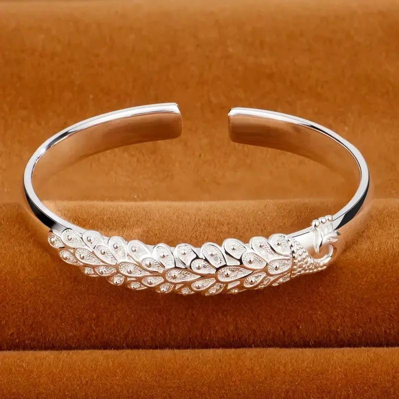 Luxury 925  Silver Open Bracelets For Women Elegant Peacock Opening Screen Bracelets Party Wedding Fine Jewelry Gifts