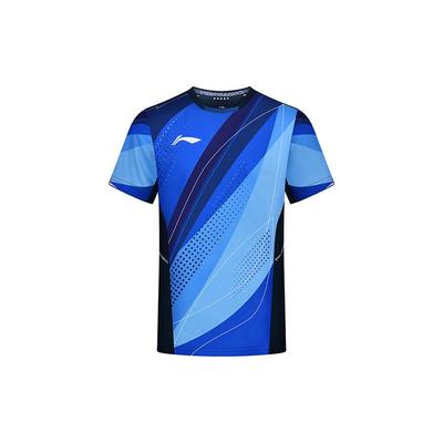 Li Ning Ln Tischtennis Wettbewerb Colorblock Bedrucktes Rundhals-T-Shirt Herren Tops Blau AAYT027-2