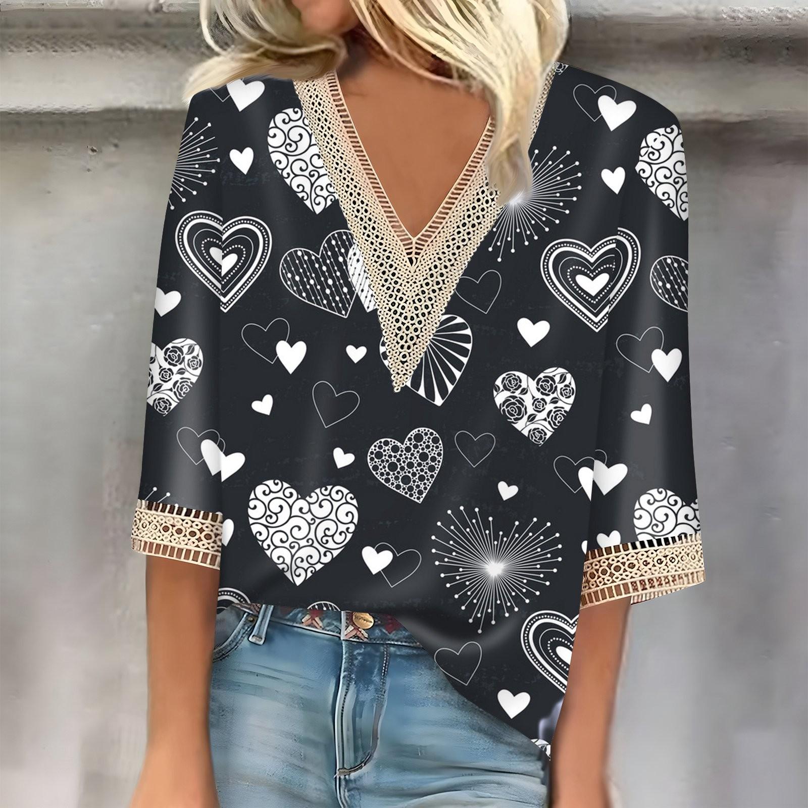 

Женский топ с рукавом три четверти, кружевной, с принтом ко Дню святого Валентина, модный, базовый, с V-образным вырезом, обычный топ XL арбуз красный