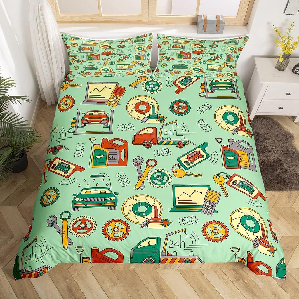 Colorful Cartoon Car Duvet Cover Set Twin King Train Truck Police Car Print Quilt Cover Cartoon Vehicle Bedding Set For Boy Teen
