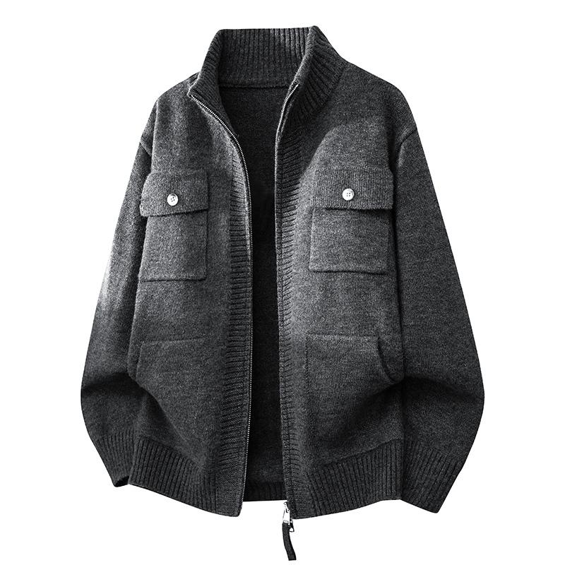 

Мужской свитер Осень и Зима Корейский стиль Однотонный Водолазка Карман на молнии С длинным рукавом Кардиган Свитер Топ L серый