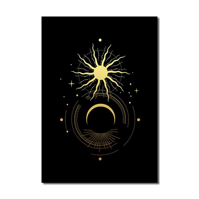 Nordic Boho Black Gold Sun Moon Star Canvas Painting Poster Print Modern Home Decor Abstract Wall Art for Living Room Decoration