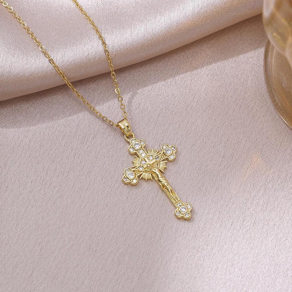 Damen Bunte Zirkon Kreuz Halskette - Nischendesign mit Voll-Diamant-Anhänger an Edelstahlkette