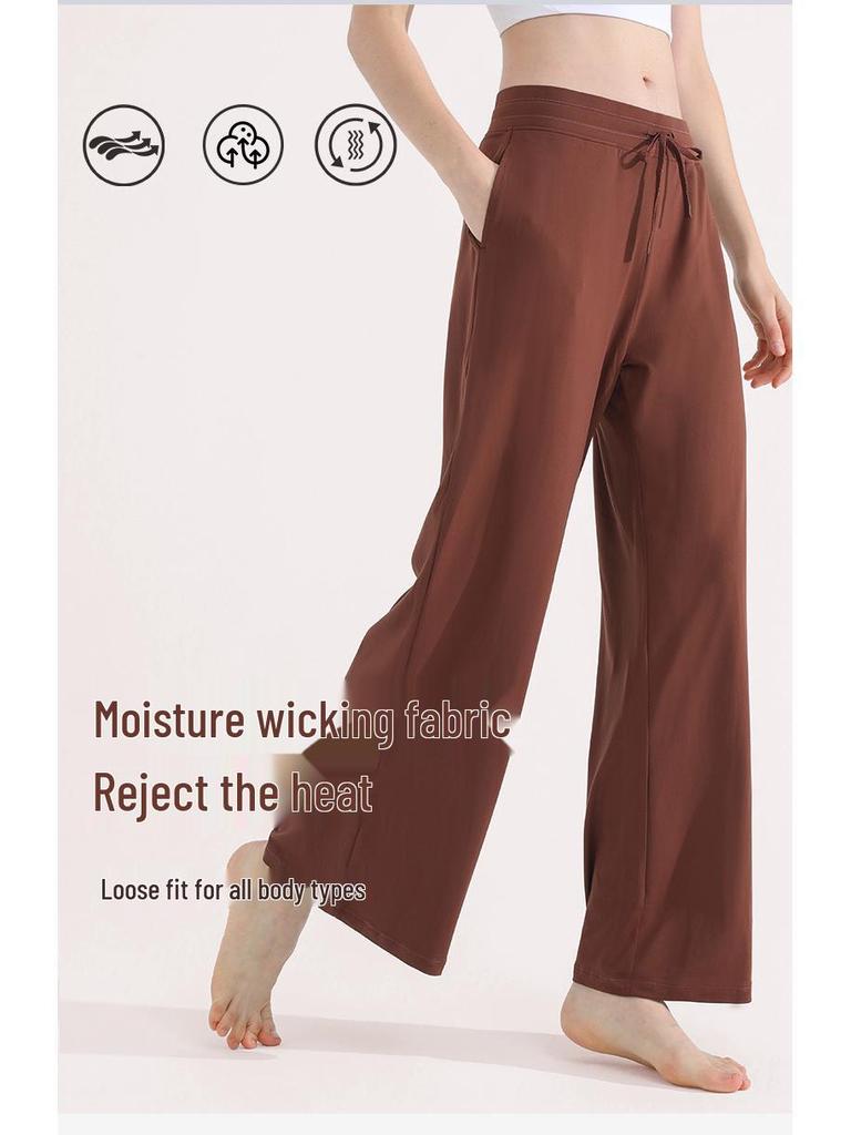Women's High-Waist Wide-Leg Summer Yoga Pants - Lightweight, Loose, Slimming Casual Trousers with Drawstring.