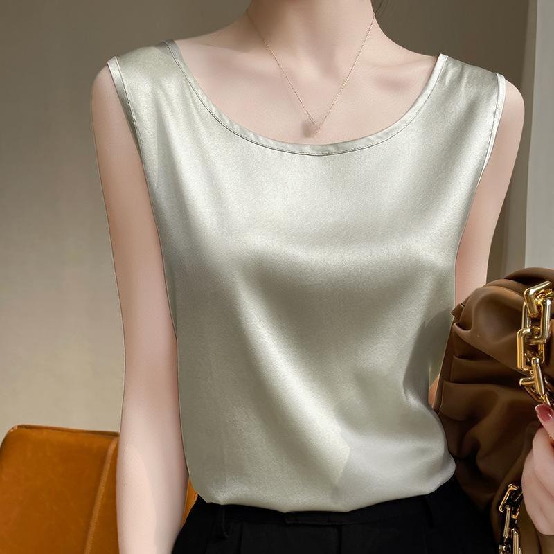 Summer Silk Camis Women's T Shirts Sleeveless Vest Satin Tank Tops Office Elegant Fashion O Neck Champagne BlouseTop Women