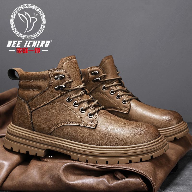 Spring velvet high-top leather boots casual fashion Martin boots retro tooling men's shoes