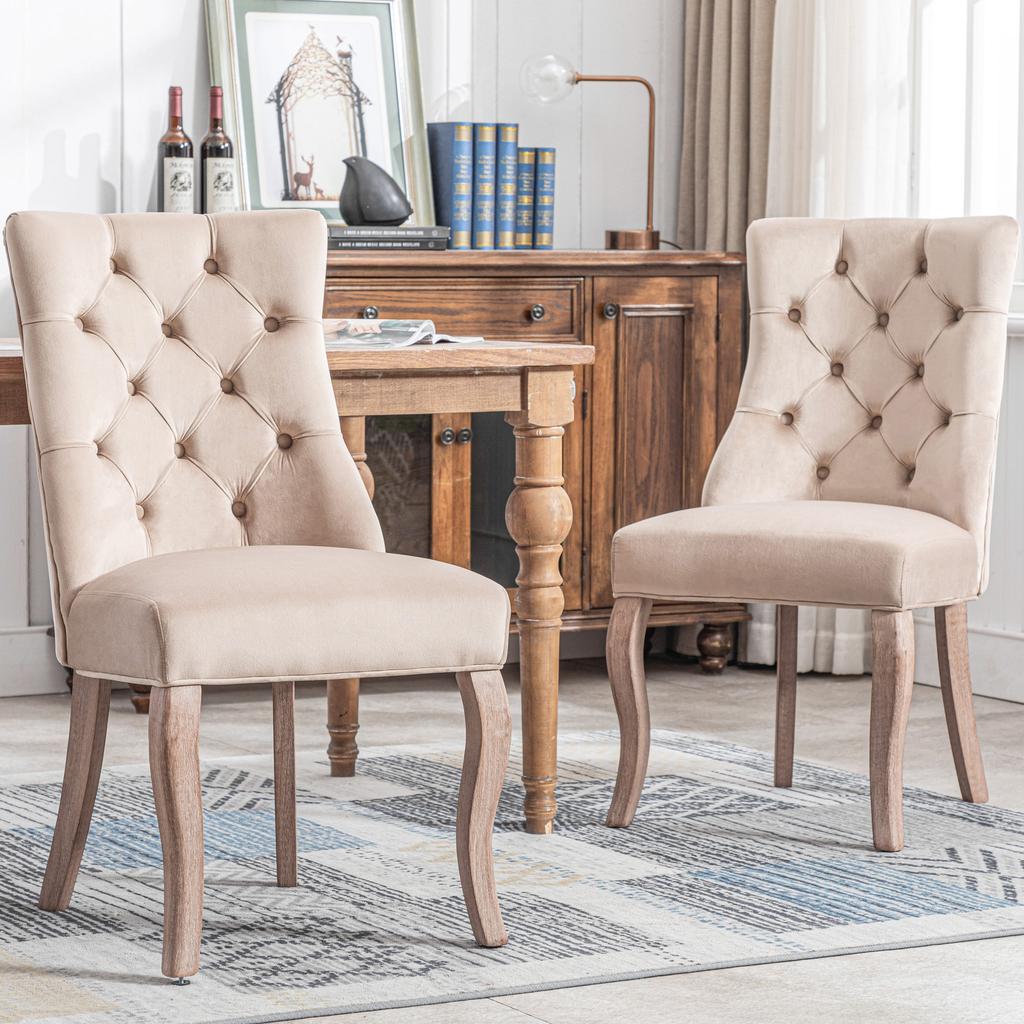4-Leg Chair, Beige Velvet Dining Chair, High Backrest, with Button Tufting, Solid Wood Frame, Beige (Set of 2)