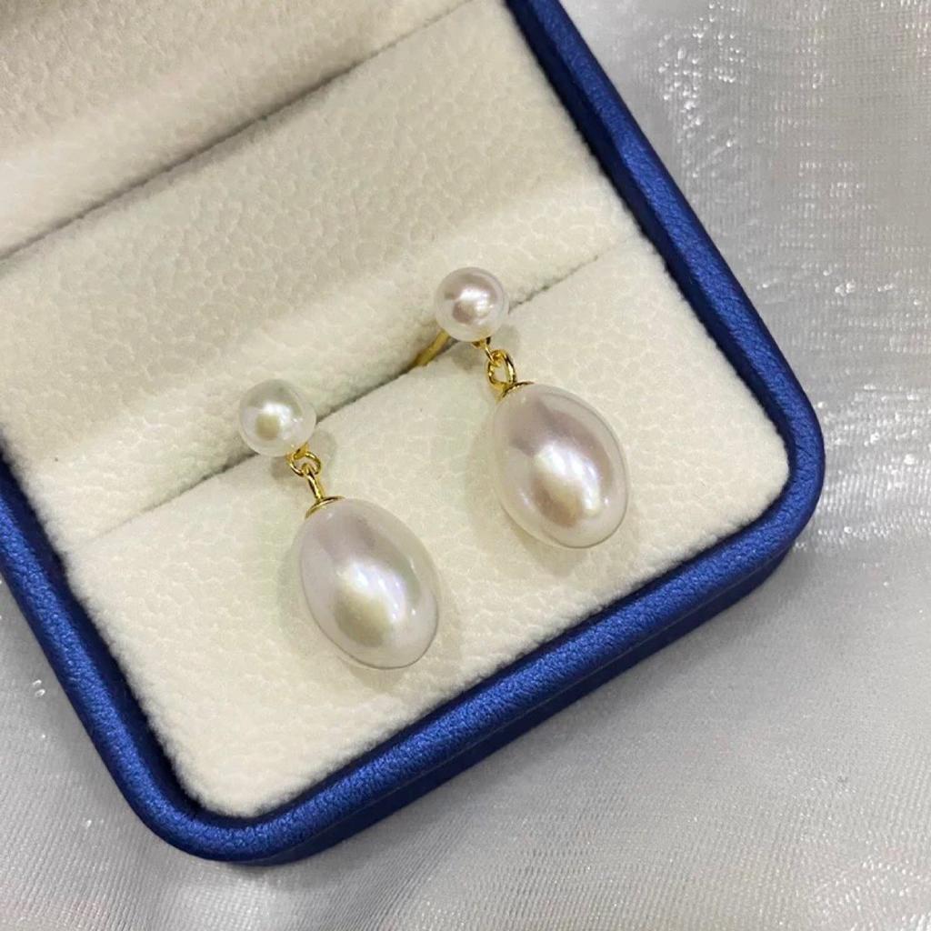 Large water drop rice-shaped pearl earrings natural freshwater whole body S925 silver needle French retro elegant extremely strong light stud earrings