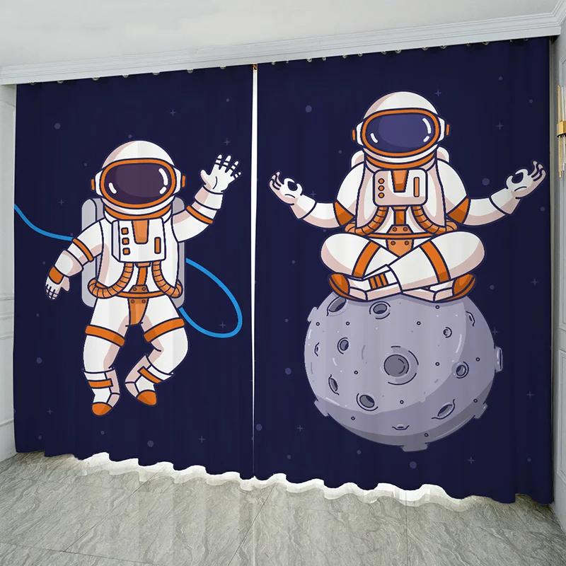 Nordic Ins Style Cartoon Comics High Shading Curtain Space Astronaut Trend Creative Boy Children's Room Simple Curtains 2Pcs