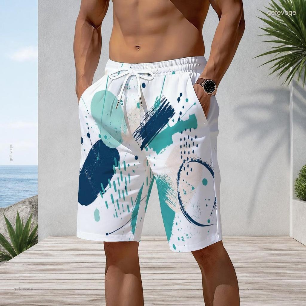 Men Plus Size Abstract Boho Plant Geometric Print Beach Shorts Quick Dry Lightweight Drawstring Casual Swim Trunks For Summer Beach Surfing Holiday