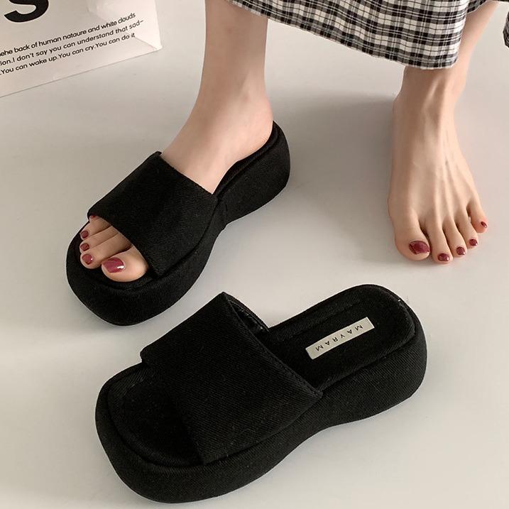 Premium black one-word heightening platform slippers Internet celebrity cool slippers comfortable and versatile