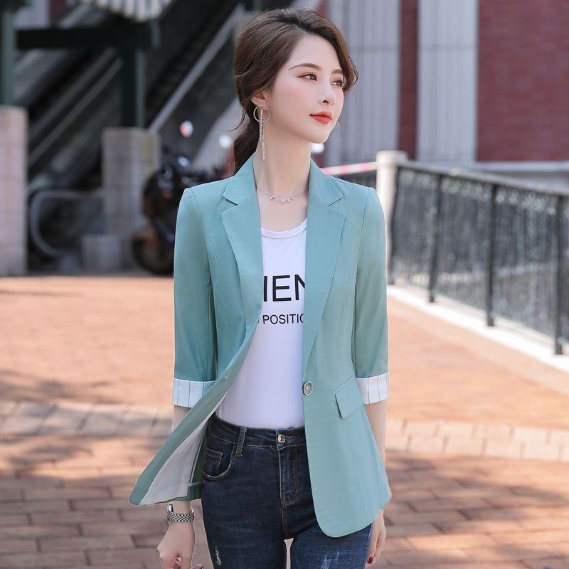 K-style Spring/Summer New Arrival Fashion Commuter Ol Thin Suit Collar One Button Five-Quarter Sleeve Small Business Suit Coat Easiest for Match Women