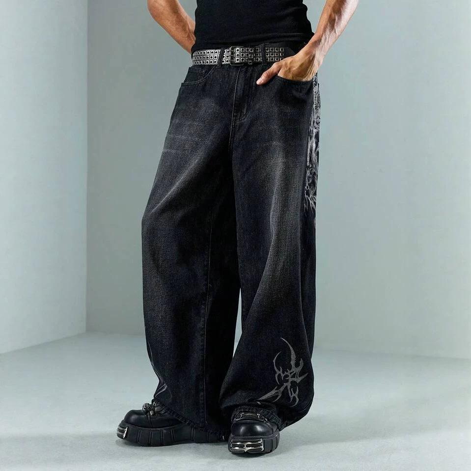 European and American street new pattern printing jeans retro street trendy straight jeans