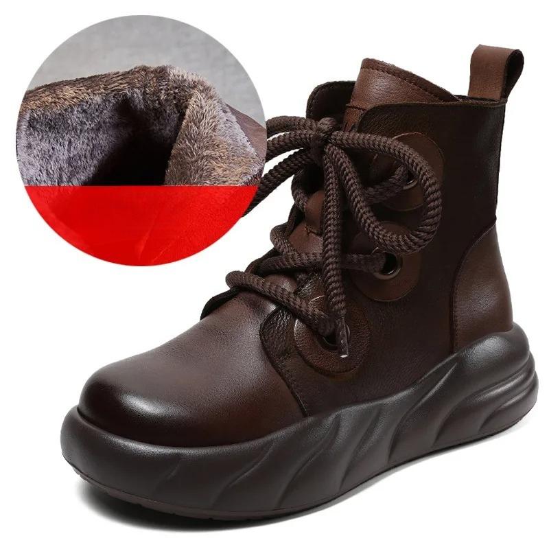 Johnature Genuine Leather Short Boots Retro Versatile Plush Warm Thick Bottom Side Zipper Women's Boots