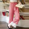 VONDA Women Casual Elastic Waist Drawstring Plaid Trousers