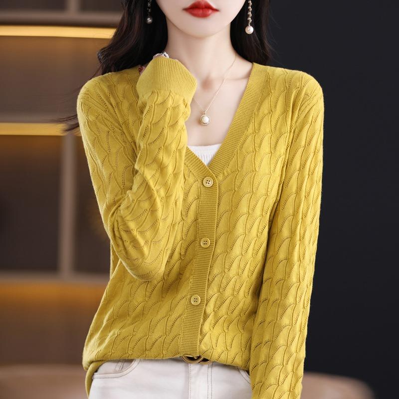 Women S V Neck Long Sleeve Knit Cardigan Slim Fit Solid Color Outerwear