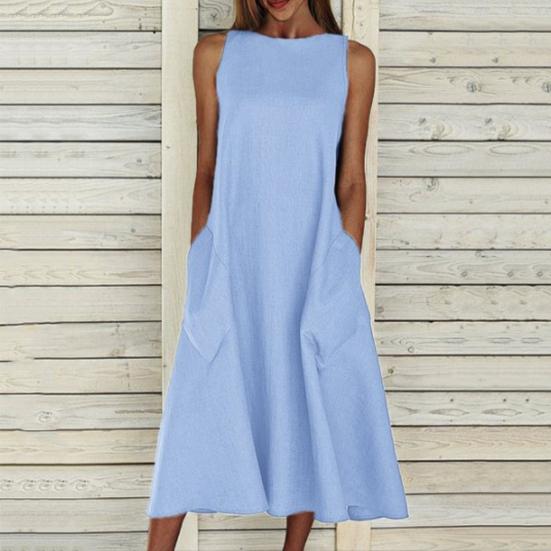 Vintage Damen Einfarbig O-Ausschnitt Ärmellos Taschen Großer Saum Langes Lockeres Kleid