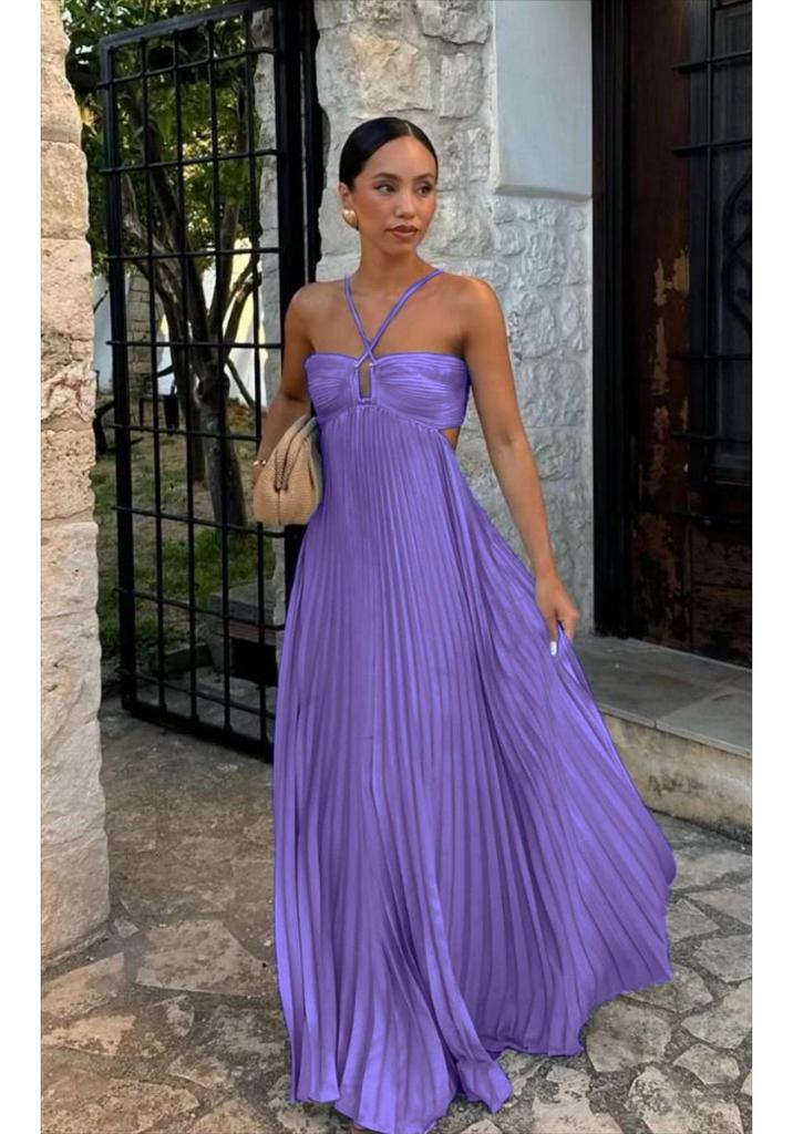 Europäisches/Amerikanisches Trägerloses Plissee-Neckholder-Kleid - Damen Sommer Einfarbig Ärmellos Strand Resort Kleidung