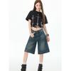 Retro Spicy Woman Cropped Denim Shorts Women'S Summer Low Waisted Loose Design Straight Five-Point Pants